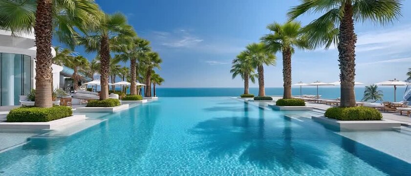 Paradise Pool: A tranquil scene of an infinity pool fringed by towering palm trees under a bright blue sky, blending seamlessly with the calm, inviting ocean. 