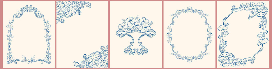 Naklejka premium Set of cards, covers, patterns with hand drawn cute flowers, ornaments, embroidery. Spring, summer botanical vector illustration. Cottagecore, country vintage style.