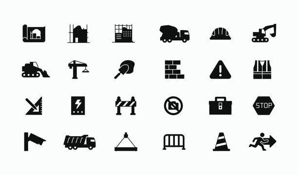 Construction site filled solid style icons set. Collections of building construction equipment symbol icon sign simple flat vector illustration