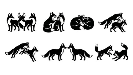 Naklejka premium Fox Pair Silhouettes Set, Cute Wild Animal Icons for Design, Vector Collection of Playing and Sleeping Foxes in Minimalist Black and White Graphic Style for Branding, Logo, and Wildlife Illustration