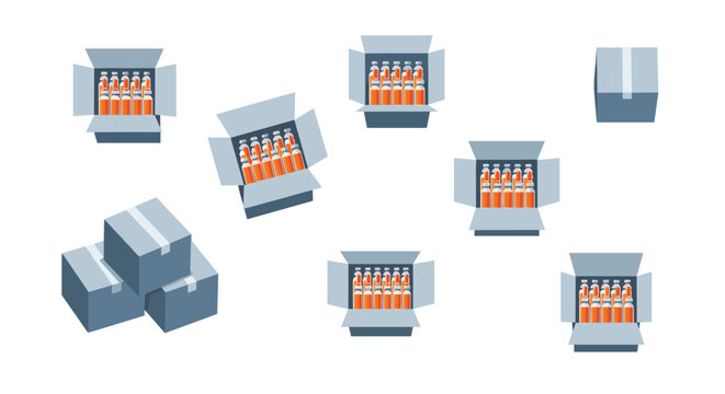 Scattered and stacked cardboard boxes, some open revealing rows of orange-capped bottles, suggest a dynamic inventory and shipment scenario against a white background.