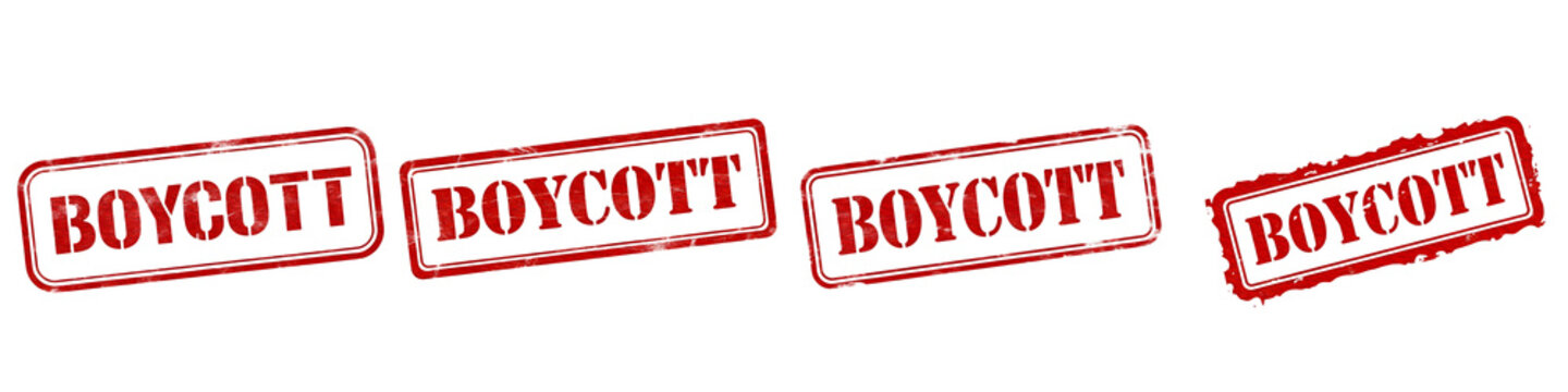 Red Boycott Rubber Stamp Set: Four Professional Rectangular Vector Seal Icons with Distressed and Clean Textures for Protest Graphics, Social Activism, and Consumer Advocacy