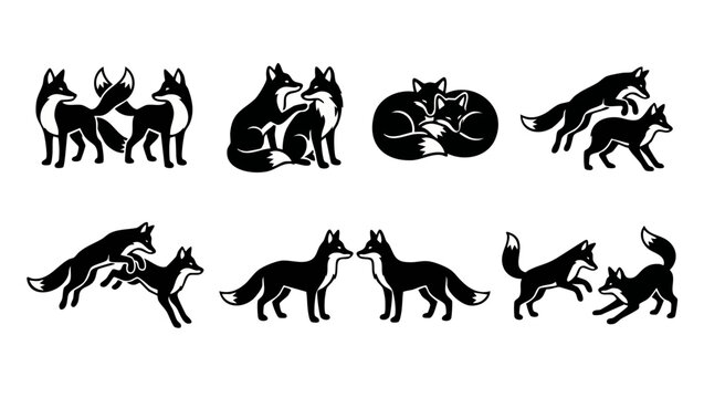 Fox Pair Silhouettes Set, Cute Wild Animal Icons for Design, Vector Collection of Playing and Sleeping Foxes in Minimalist Black and White Graphic Style for Branding, Logo, and Wildlife Illustration