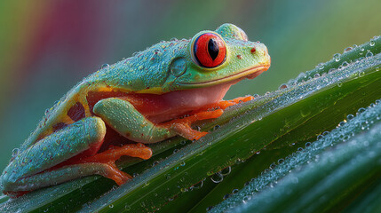 Obraz premium Vibrant Red-Eyed Tree Frog: A striking close-up showcases the vibrant beauty of a red-eyed tree frog, perfectly perched on a dew-kissed leaf.