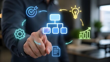 Fototapeta premium Professional hand pointing at hierarchy chart for business strategy and organizational planning
