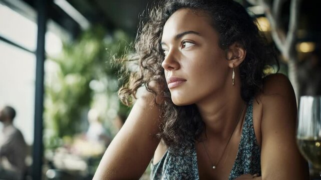A woman with curly hair gazes out of a window, deep in thought.