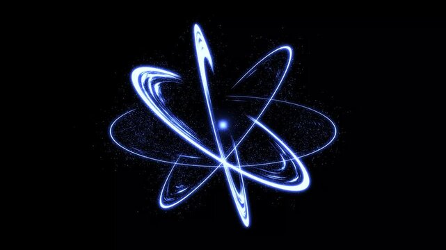 Glowing blue energy light trail, atomic orbit swirl with sparkling particles on black background. Energy slash Transition, futuristic electric ring motion, neon glow and energy vortex animation effect