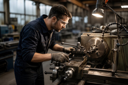 Industrial worker operating lathe machine as precision manufacturing and engineering concept
