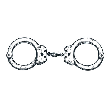 Hand drawn sketch handcuffs in retro vintage style. Security and justice symbol. Vector illustration isolated on white background.