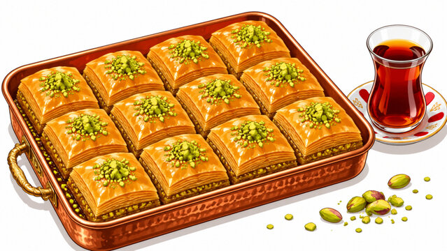 Turkish Baklava Tray Close-Up &ndash; Pistachio Honey Pastry with Tea Vector Illustration