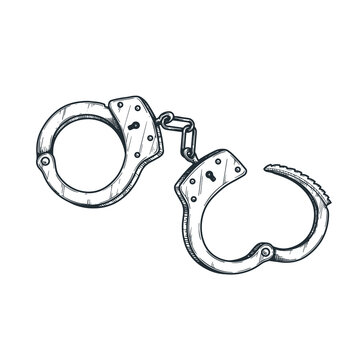 Hand drawn sketch opened handcuffs in retro vintage style. Security and justice symbol. Vector illustration isolated on white background.