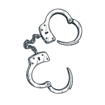 Hand drawn sketch opened handcuffs in retro vintage style. Security and justice symbol. Vector illustration isolated on white background.