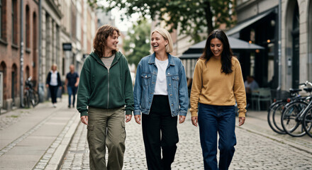 Fototapeta premium Group of friends walking in city as social connection and urban lifestyle concept 