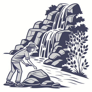 A person picking up a rock near a waterfall with rocks and plants around