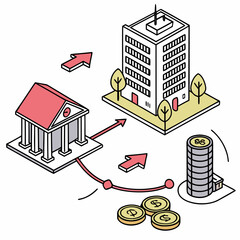 Naklejka premium Vector illustration of a bank building and a corporate building with money transfer and coins