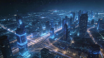 Fototapeta premium Futuristic City at Night: A breathtaking perspective of a modern metropolis at night, illuminated by a mesmerizing network of lights, suggesting technological advancements and urban dynamism.