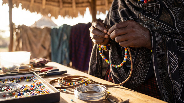 african beadwork hands jewelry craft artisan culture closeup colorful beads with adult hands making traditional accessory suggesting handmade heritage workshop skill fashion and cultural retail design