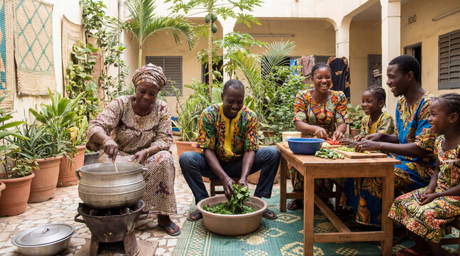 african family cooking lunch courtyard home food culture lifestyle with group preparing vegetables around large pot suggesting shared tradition community care and everyday domestic life