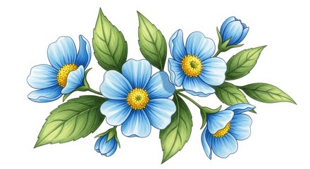Fototapeta premium Delicate blue petals with golden centers and lush green leaves in floral arrangement flowers