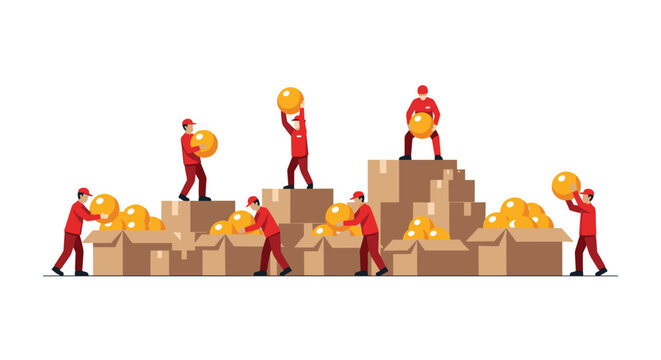 Group of laborers in red attire carefully organizes large golden spherical objects into cardboard shipping boxes within a minimalist workspace with warm beige tones and lighting.