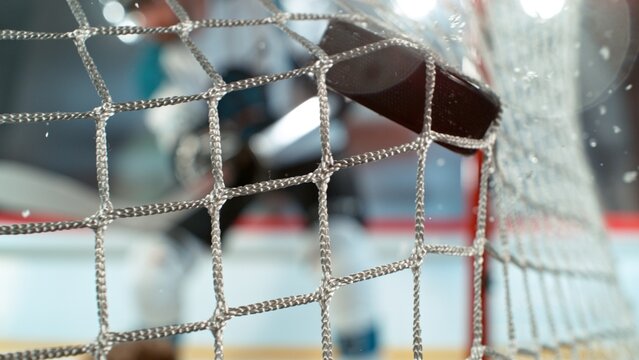 An ice hockey puck hitting the back of the net