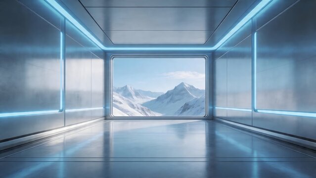 Futuristic corridor with mountain view