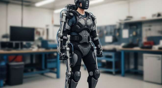 Person wearing a full body exoskeleton suit standing in a workshop environment with tools nearby
