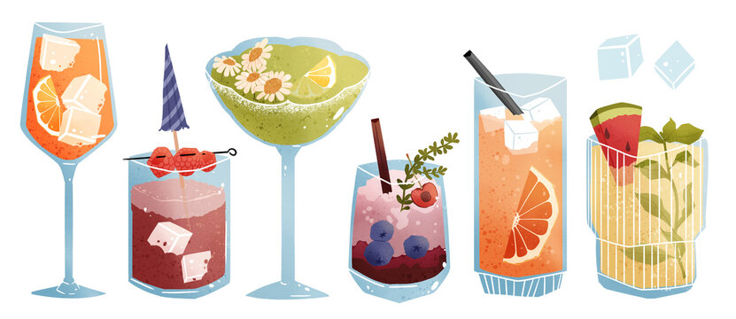 set of summer cocktails with ice, fruits and lemonade, hand drawn style