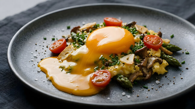 Gourmet breakfast plate with a runny egg yolk, scrambled eggs, cherry tomatoes, asparagus, mushrooms, and fresh chives, seasoned with salt and pepper.