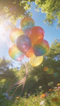Rainbow balloon pride month celebration color outdoor summer sunshine nature garden joyful colorful sky flower scene with rainbow balloon bouquet floating in bright sunshine and clear blue sky