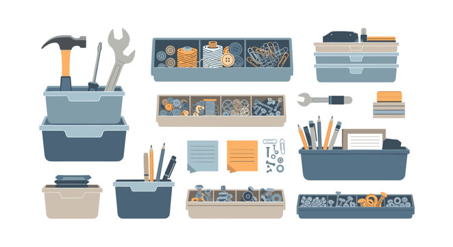 A variety of open plastic bins house an assortment of hardware items such as screws, bolts, sewing notions, and writing utensils on a neutral grey background.