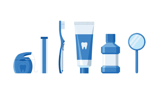 A dental care collection featuring a toothbrush, toothpaste tube, mouthwash bottle, dental floss, and a handheld mirror is laid out on a simple white background.