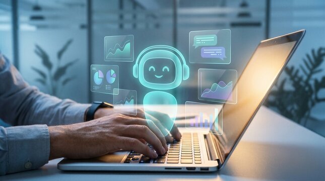 Artificial intelligence chatbot assistant on laptop computer with digital AI robot icon, virtual conversation technology, machine learning, customer support, automation, smart data analysis concept