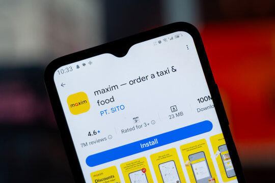 Dhaka, Bangladesh - April 28, 2026: maxim app page on Google Play Store displayed on a smartphone.