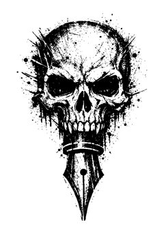 A black and white illustration of a skull with a pen nib, grunge style, symbolizing dark creativity and writing