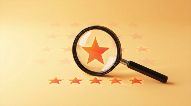 Positive feedback, Magnifying glass with five star, Excellent or good review result concept, Customer giving rating for experience or quality product and service, Opinion survey