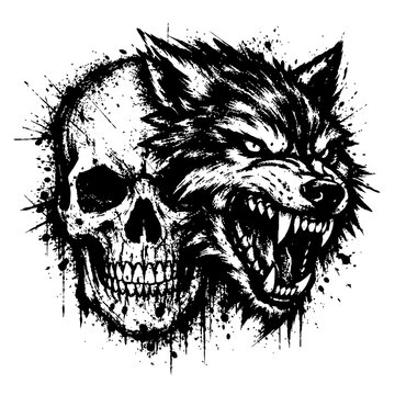 A black and white illustration of a wolf's head emerging from a skull with paint splatters on a white background