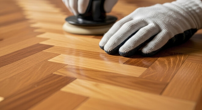 Man polishing parquet floor with electric sander while wearing protective gloves. Detailed hardwood flooring shows beautiful patterns and shine.