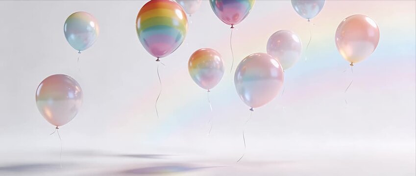 Rainbow balloon pastel pride month celebration floating string glossy reflection bright gentle joy colorful helium decoration festive float soft pastel light with gentle atmosphere and dreamy mood