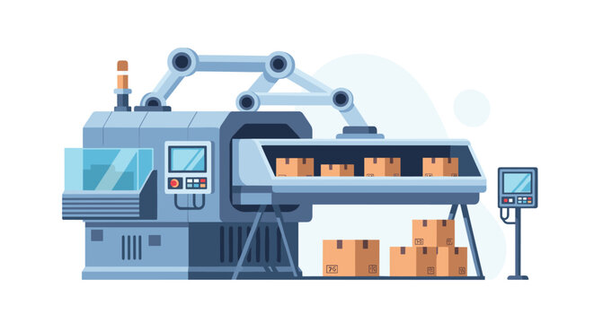 A single industrial robotic arm operates an automated conveyor belt system to stack cardboard boxes onto a wooden pallet within a clean factory setting featuring cool blue tones.