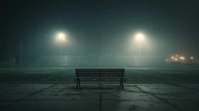 An empty wooden bench in a stadium at night under bright spotlights, empty bench in the night, bench at night, bench in the night, bench in the park