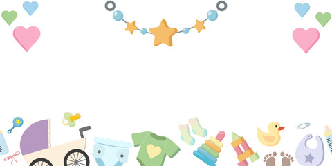 Baby shower border frame with cute newborn elements horizontal banner vector. Perfect for invitations, greeting cards, banners and nursery design. © MJD_Studio