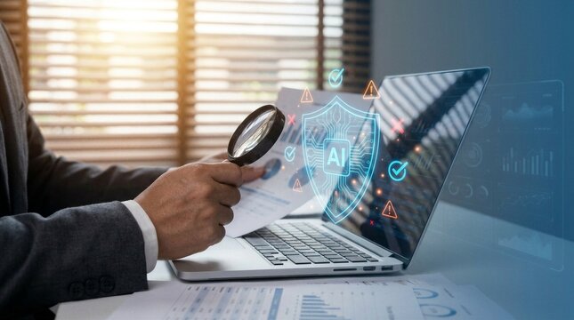 AI-powered automated debugging or troubleshooting. Artificial intelligence diagnostics and detection. System engineer using laptop to instruct AI monitoring. Engineer instruct AI for maintenance.