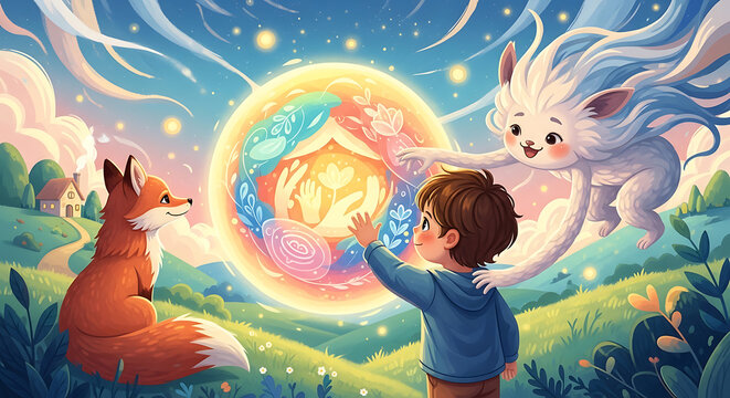 Whimsical illustration of child, fox, and fantasy creature, magical glowing orb, colorful dreamy landscape