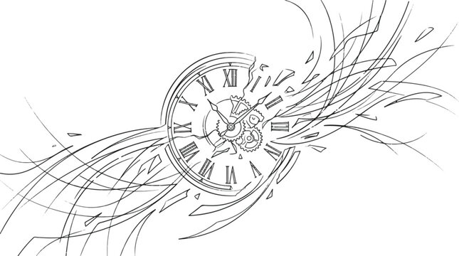 Deconstructed clock with Roman numerals and gears, symbolizing time passing, fragmentation, and abstract concepts.