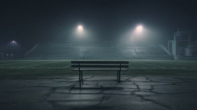 An empty wooden bench in a stadium at night under bright spotlights, empty bench in the night, bench at night, bench in the night, bench in the park
