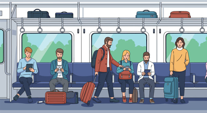 Scene inside a passenger train with people sitting and standing while using tablets, phones, and traveling with luggage.