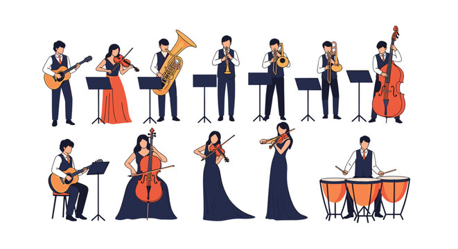 Full orchestra set with musicians playing instruments like violin, guitar, tuba, flute, cello, and drums in formal attire.