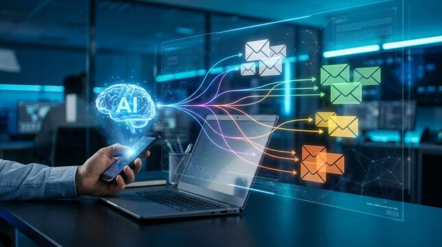 AI email classification system analyzing inbox messages and automatically sorting into categories like spam, priority, and marketing using machine learning interface overlay on laptop workspace