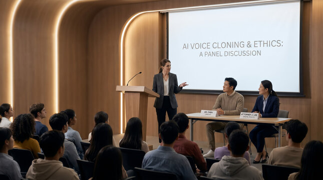 AI voice cloning ethics panel discussion in a packed university auditorium, a moderator at a podium holding a microphone while panelists inc